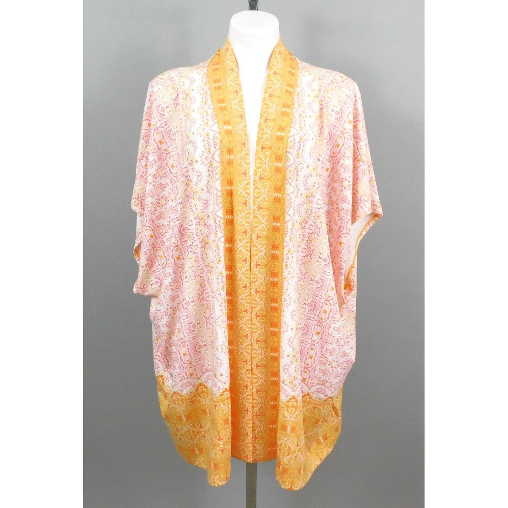 Isaac Mizrahi Live! Engineered Print Open Front Kimono, Multi, Orange, Large